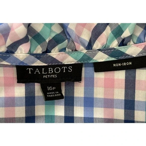 Talbots Petite No Iron Multi Color Ruffle-Neck Popover Gingham Tunic Size 16P - Picture 4 of 13